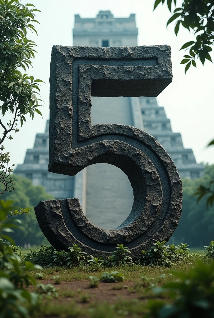 The number 5 in large and behind it the Tikal tower in Guatemala