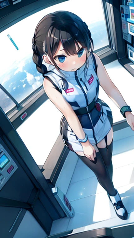 (Highest quality), (masterpiece), 1080P, High resolution, 4K, 8k, Inside the space station、Futuristic room、Thigh straps, Shooting from directly below, The woman on top of me, 白いSweat, Covered , Sweat, Woman looking down, Skirt swimsuit, Thigh-high socks, To achieve this, , , whole body, Black leather shoes, Braided hair, Inner Color, Embarrassed face, Short black hair, bracelet, Bedroom,celestial body_Vest