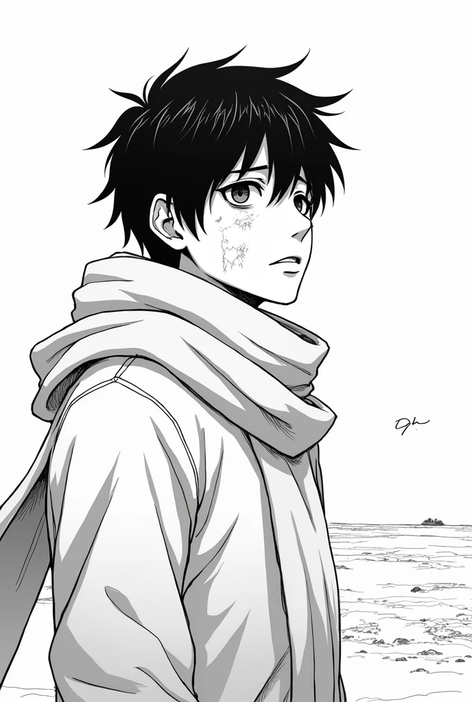 a black and white icon drawing of an anime guy wearing a scarf in a snowy place, sleeve-style, with a zoom on his face showing from the shoulders up, with some wounds and exhausted, his body is on the left of the image and his gaze is to the right