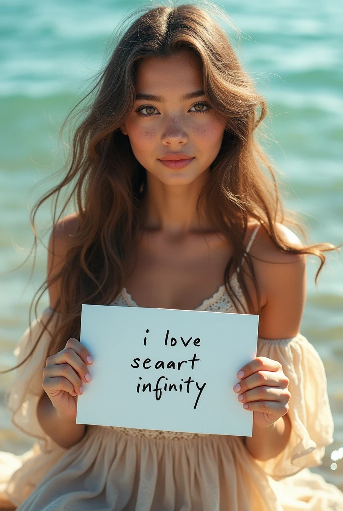 Beautiful girl with wavy long hair, bohemian dress, holding a white board with text "I Love Seaart Infinity" and showing it to the viewer