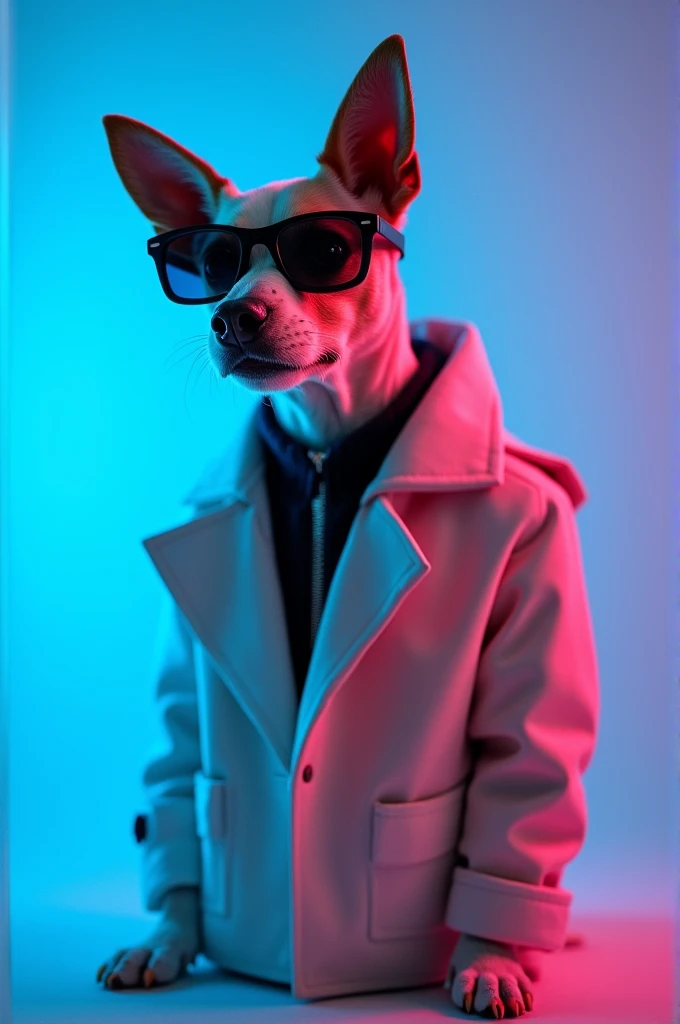 The best cell phone wallpaper, Award-Winning Wallpaper, portrait photography, In the front view is a portrait of a cute dog wearing mid-1960s space age fashion, Side view photo, Shot with Canon EOS R5, Set a strong contrast that accentuates the subject, Fluorescent blue tone, Wearing a very modern coat and sunglasses is a modern 1960s style, Clothes all in one color, beautiful background