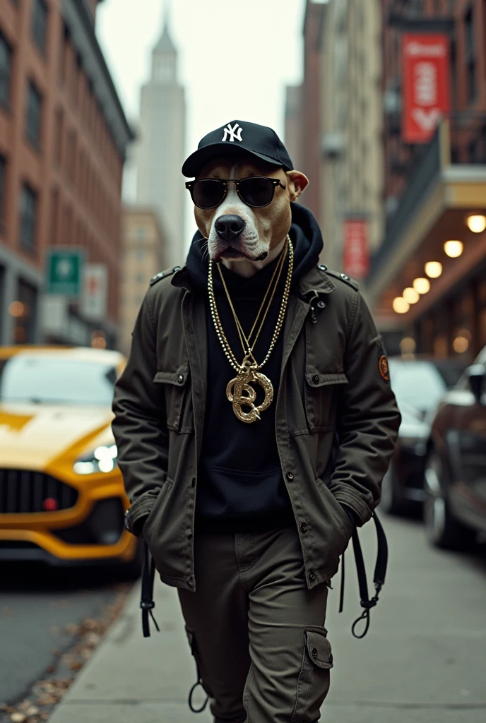 Pitbull rapping inside a luxury car with several cords around his neck and a cap and glasses walking down a street in New York