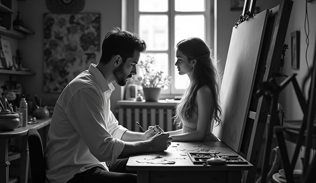 a picture of a man, who is in a small studio painting a beautiful woman with long hair and a pale smile, around the artist there are several paintings and painting tools. around looked messy. black and white background