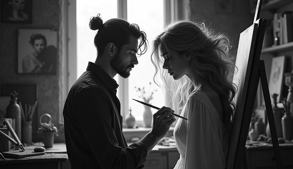 a picture of a man, who is in a small studio painting a beautiful woman with long hair and a pale smile, around the artist there are several paintings and painting tools. around looked messy. black and white background