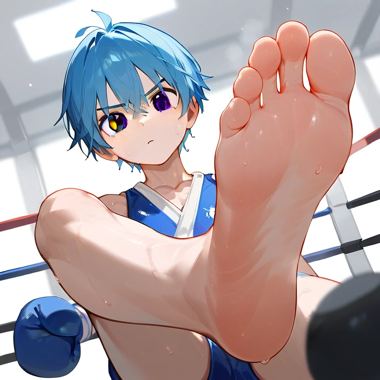 In the boxing gym，A cute boy showing his feet，black eyes，Blue Hair，There are bangs between the eyes, Blue Unicorn，black eyes，Taekwondo uniform， Foot 8，Sweating feet，sole details，Clear facial features，barefoot, Sweating on the soles of the feet, Perfect feet,A big foot，Anatomically accurate feet, Solitary，Low Angle