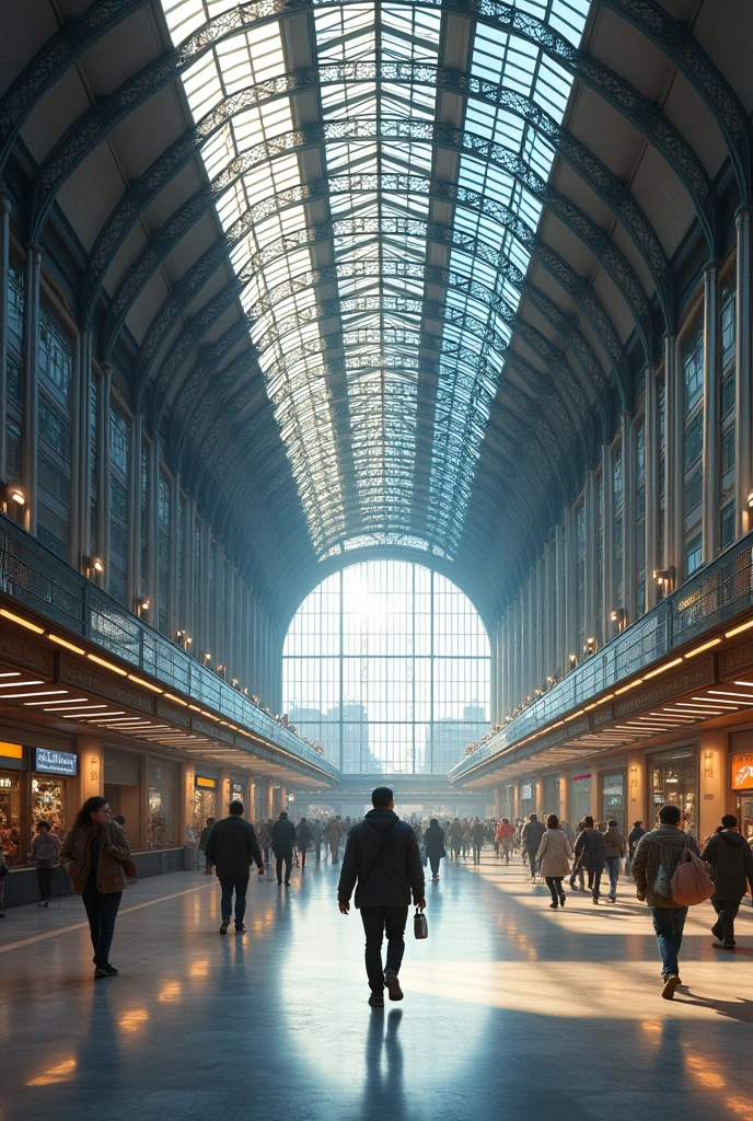 Tourist walking inside Atocha station, With its glass and steel design and bustling atmosphere of travelers.