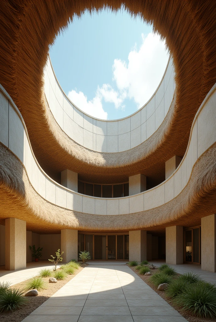 Circular polycarbonate skylight in a quadruple-height square-shaped building in a thatched-roof hospital, where all floors have straight edges