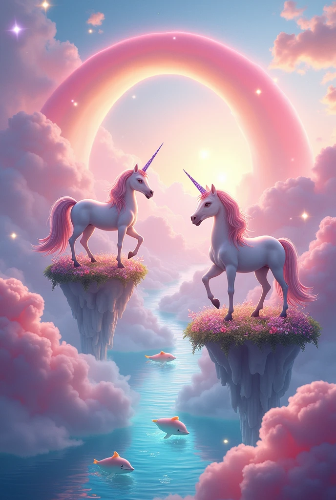An imaginary fairytale world in the sky sea with dolphins, unicorns and lots of happiness With rainbows and more pink