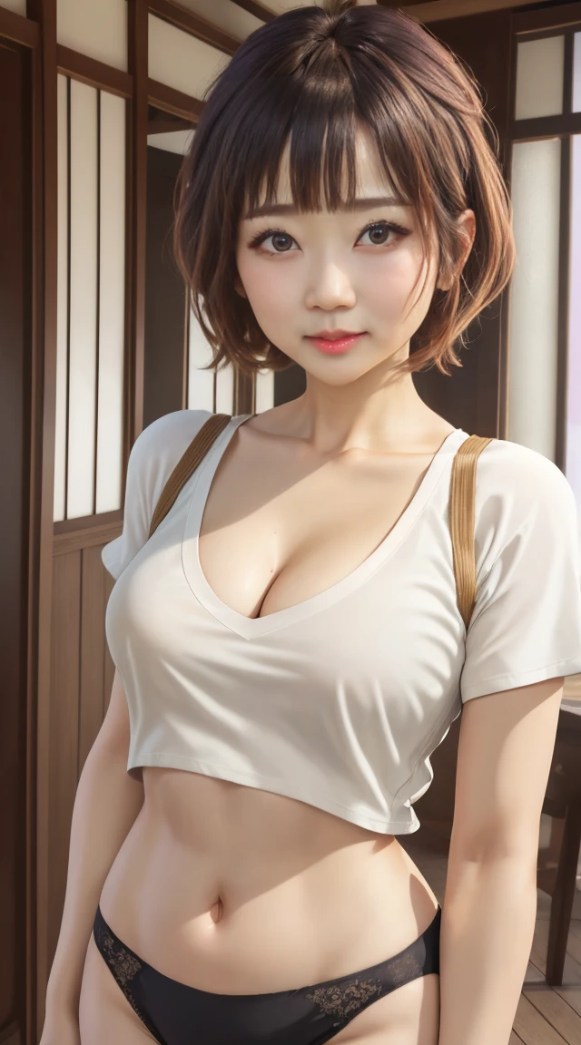 highest quality, Photoreal, finely, High resolution, 8k wallpaper, detailed and beautiful eyes, (shortcut、bob hair)、brown hair、(brown eyes)、((small breasts)),、(T-shirt with emphasized chest)、cleavage、Navel exposed、panties、2、young japanese、Big eyes:1.2、double eyelids、sharp outline、Shiny skin、toned body、slim body:1.2、living room sofa、extraordinary smile、(((naked)))