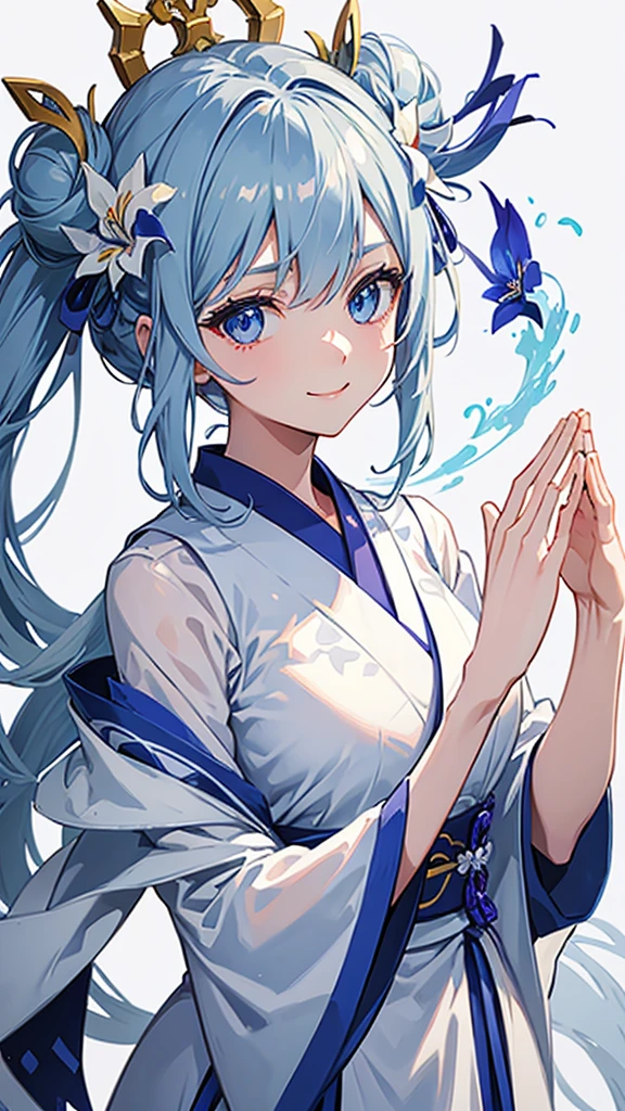 Anime character, half body only, upper body only, half body portrait, posing like a model, good looking, beautiful, full of details, aesthetic, hd, masterpiece art, amazing work. Solo, young lady, hair in bun, one bun, just one bun, flower accessories in bun, bluish gray colored hair, Lady, blue eyes, smile, elegant look, elegant carrying, white Japanese kimono, blue decoration, Lily flower theme, eyes facing camera, hands outstretched forward, hands asking for a hand , simple background.