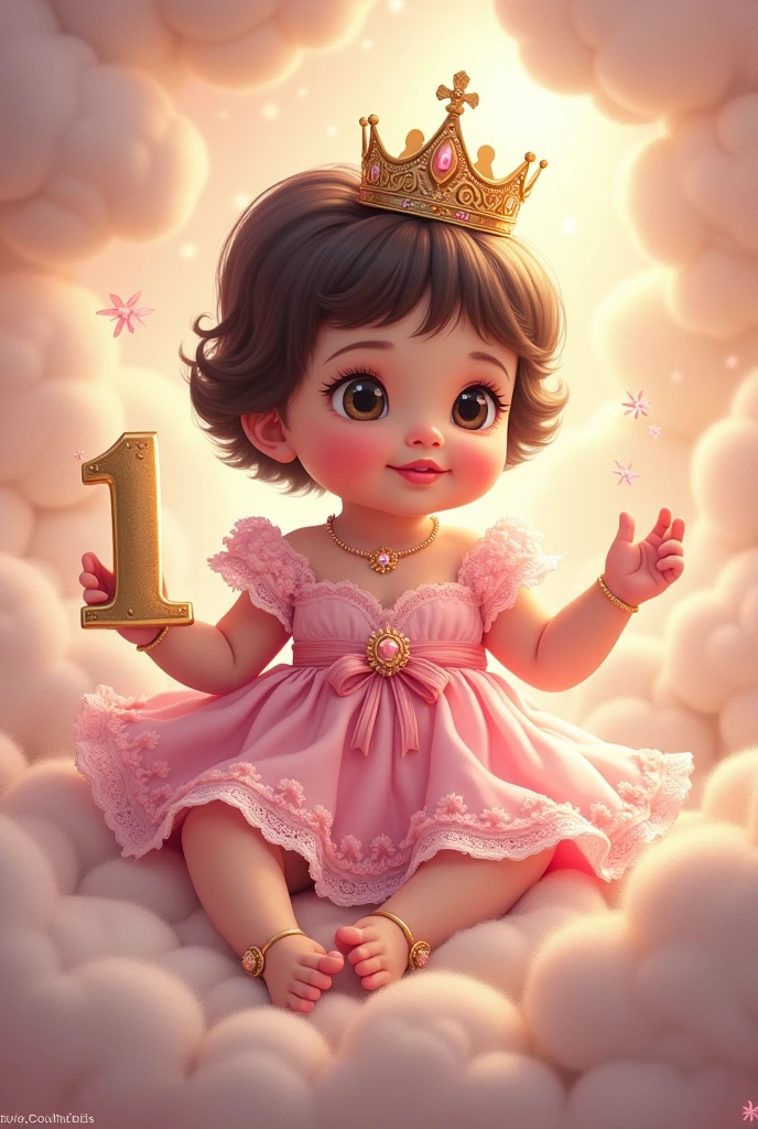 image of baby princess Aurora, for his first year with short black hair, White skin, pink dress, clouds, crown and the thick number 1 and happy birthday and the name Aurora in Spanish