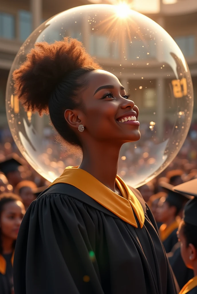 A young black girl with frizzy hair combed in a bun who is in her graduation ceremony with her torje.        She is very happy.  It must be shown that she had a bubble that protected her and this bubble is breaking..  I don&#39;t want any pictures of children because she is 1. 