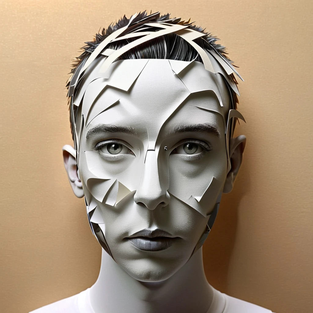  arafed image of a news with a paper cut out of a head, 3d portrait, Complex 3D illustration, news illustration, Detailed head, 3d illustration, news photography, by Matt Stewart, Printed on paper, news, Detailed 3D digital art, Highly detailed face, Inspired by Igor Morski, news style, Made of paper, Futuristic typography