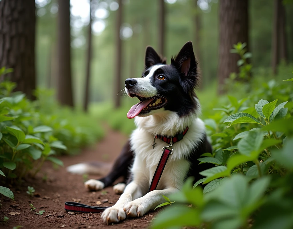 A Border Collie dog is lying down at the extreme right edge of the image, with its tongue out and looking up. The dog is wearing a special running leash. The scene captures only the front half of the dog, focusing on its head and upper body. The surrounding environment is dense with vegetation, creating a closed, natural setting. On the left side of the image, there is a view of thick greenery, including a dirt trail and tall trees. The photo is taken in a high-resolution DSLR style, using a wide-angle lens and an f/4 aperture, creating a soft blur effect in the background to emphasize the depth of the landscape.