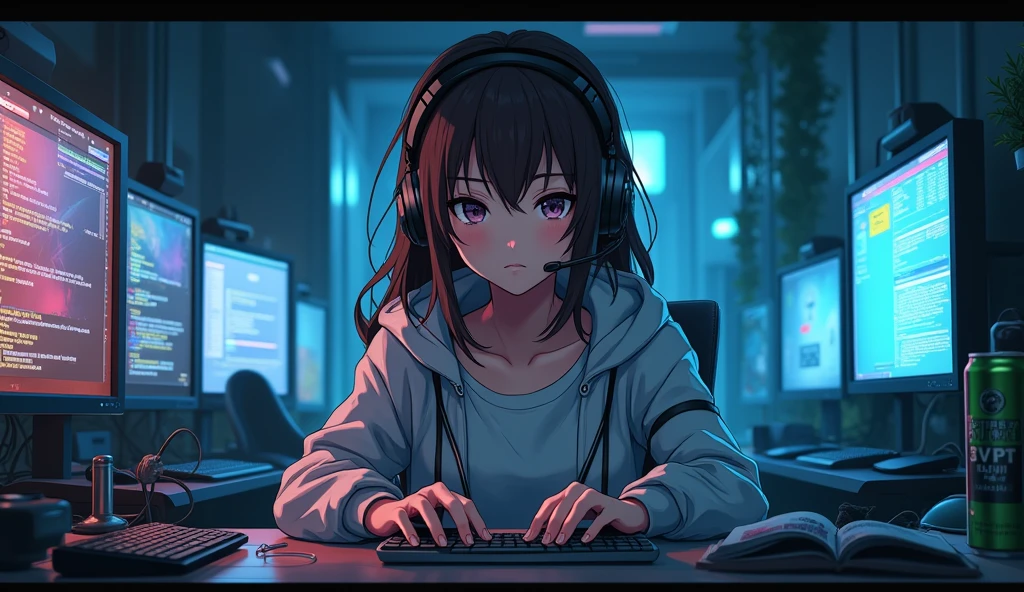 ((Masterpiece)), (((Best Quality)))), ((Illustration)), (Depth of Field: 1.2),Serious and mysterious Komi San themed anime gamer girl,Hacker Beautiful medium skin colored Girl, Indoors, Room, Dim Room,futuristic, Computer Room, not so cute with headphones and brown hair, with a microphone, Computer Equipment, Ethical Hacker, Server Room Background, monitors, (LED monitors, surrounded by multiple display monitors: 1.5), gaming chair, hair highlights, , light cyber clothes, energy drinks, cables, messy room, front, bottom, talking at camera, staring directly into the camara, She is front facing to the camera,center of room, facing the camera