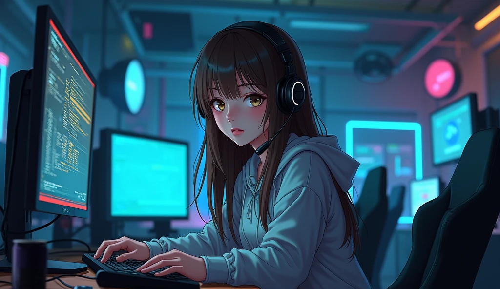 ((Masterpiece)), (((Best Quality)))), ((Illustration)), (Depth of Field: 1.2),Serious and mysterious Komi San themed anime gamer girl,Hacker Beautiful medium skin colored Girl, Indoors, Room, Dim Room,futuristic, Computer Room, not so cute with headphones and brown hair, with a microphone, Computer Equipment, Ethical Hacker, Server Room Background, monitors, (LED monitors, surrounded by multiple display monitors: 1.5), gaming chair, hair highlights, , light cyber clothes, energy drinks, cables, messy room, front, bottom, talking at camera, staring directly into the camara, She is front facing to the camera,center of room, facing the camera