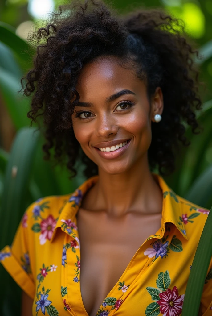 A Brazilian woman in a lush tropical garden, wearing an open shirt with a floral print, with a close-up capturing the harmonious beauty between her breasts and the natural flowers, showing off your natural charm and outgoing personality.