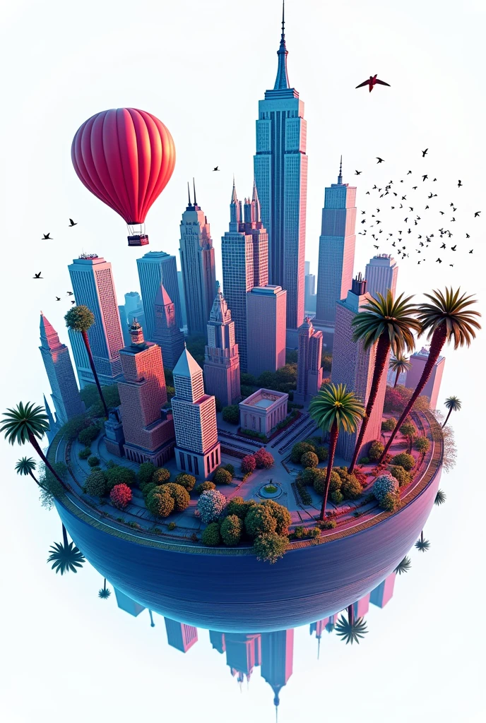 a 360 fisheye globe effect with nyc buildings synths palm trees 
pool birds and hot air balloon sticking out 3d plastic shading all bright colors neon blue purple red keyshot render on white background 