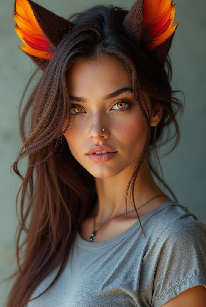xayah,T-shirt, animal ears, yellow eyes, pierced nose, casual clothes, portrait, Awesome, hair over the shoulder, Without hood, beautiful, 4k