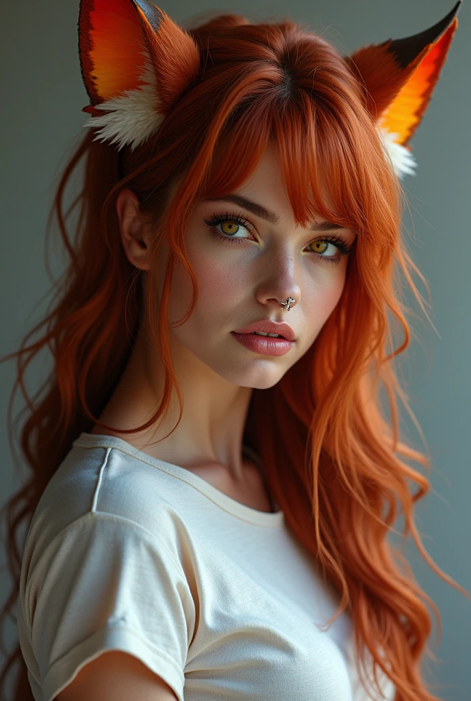 xayah,T-shirt, animal ears, yellow eyes, pierced nose, casual clothes, portrait, Awesome, hair over the shoulder, Without hood, beautiful, 4k