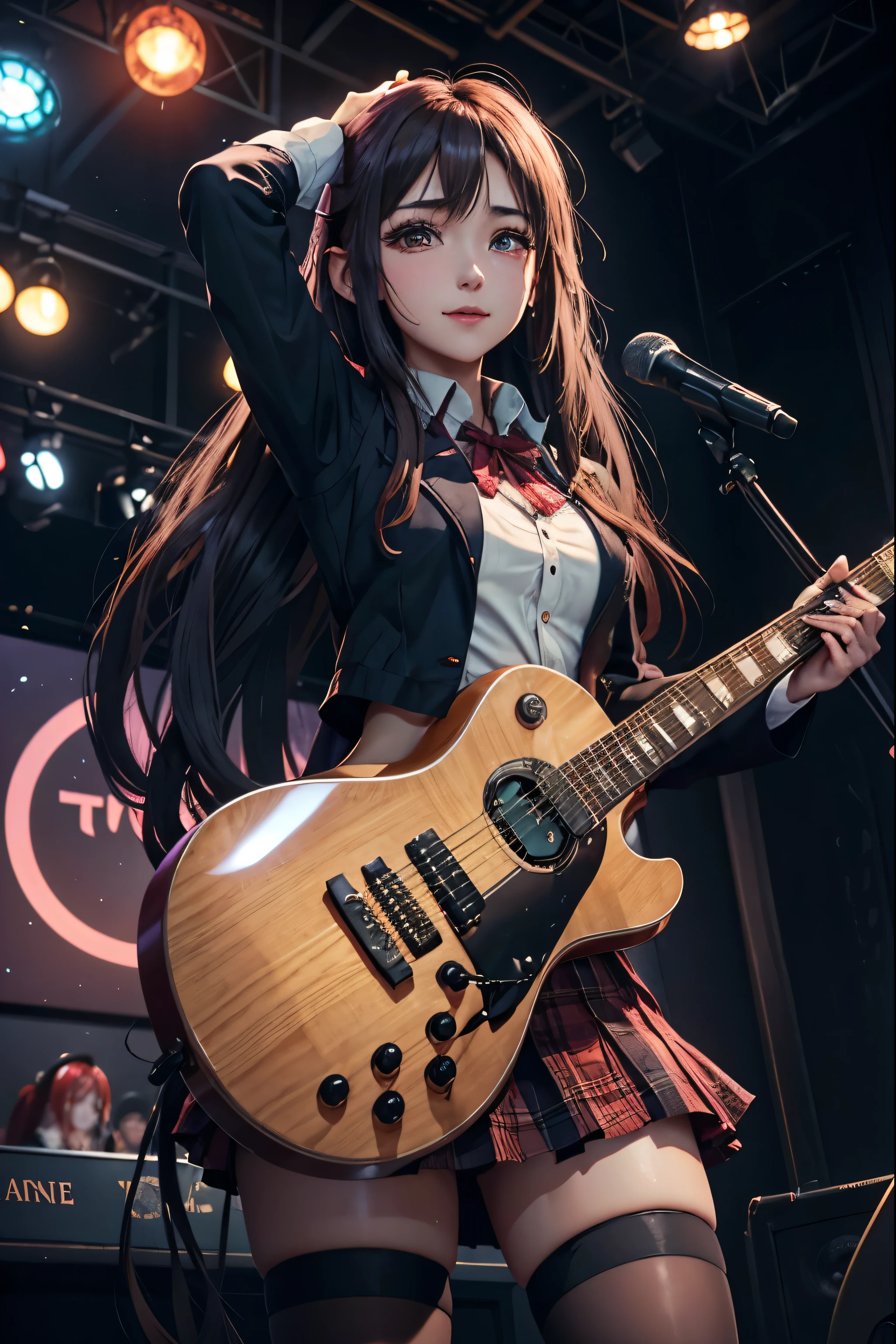High school girl blazer、uniform、Red checked knee-length skirt、Long skirt、JK Style、Jacket、smile、Knee-high socks、Thigh-high socks、pantyhose、Extremely beautiful、Super cute、ennui、Rare Beauty、Dark black eyeshadow、sad、Skin radiance、Long Hair Straight Hair、Dark Gothic Makeup、Dark Smile、Fragrant beauty、Stained glass background、masterpiece、Highest quality、See 5 books、Sweat glistening on my chest、Sweat glistening on the face、Small breasts、2、Slightly slim、Mysterious look、Sad look、Mysterious Gothic Church、enchanting castle、Excessive sweating all over the body、Sweat dripping down thighs, shining in the light、Shiny thighs、Thighs、Sweat on thighs, shining brightly、sweat profusely、gal、Small breasts、Japanese face、Captivating look、Thin Thighs、play the guitar、I have a guitar、Enthusiastic singing、play the guitar in a band、Playing guitar chords、Background of the live music venue、Sing a song、Open your mouth、Scenery of a live music venue、Mike stand、Glamorous live stage、Dynamic Angles、Vivid straight long hair、delicate straight hair、