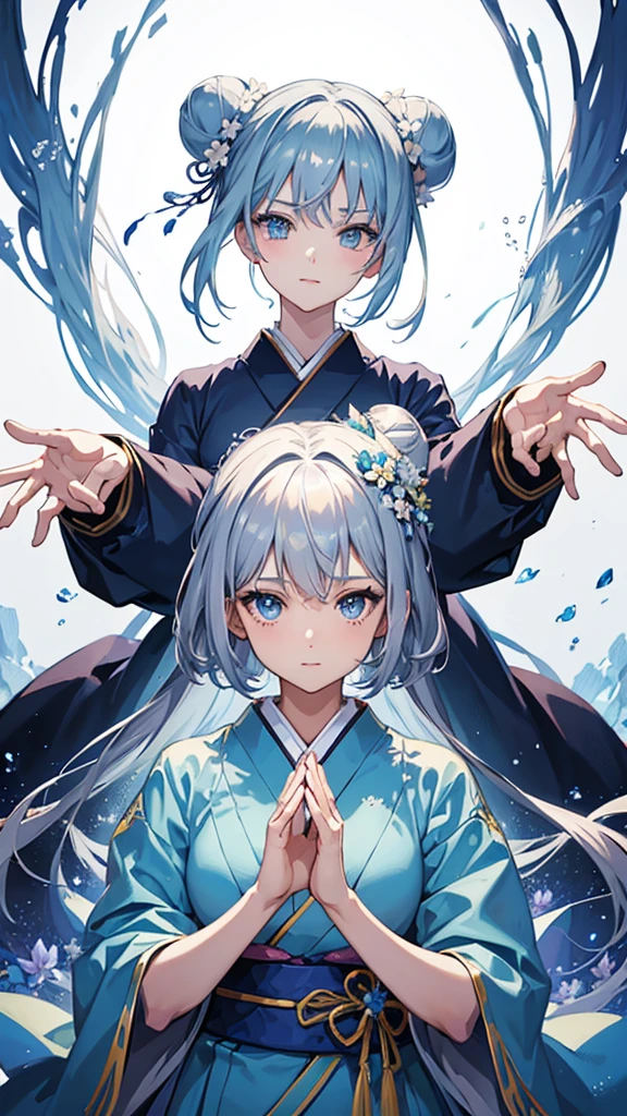 Anime character, half body only, upper body only, half body portrait, posing like a model, good looking, beautiful, full of details, aesthetic, hd, masterpiece art, amazing work. Solo, young lady, short hair, flower accessories in bun, bluish gray colored hair, Lady, blue eyes, smile, elegant look, elegant carrying, white Japanese kimono, blue decoration, Lily flower theme, eyes facing camera, hands outstretched forward, hands asking for a hand , simple background.