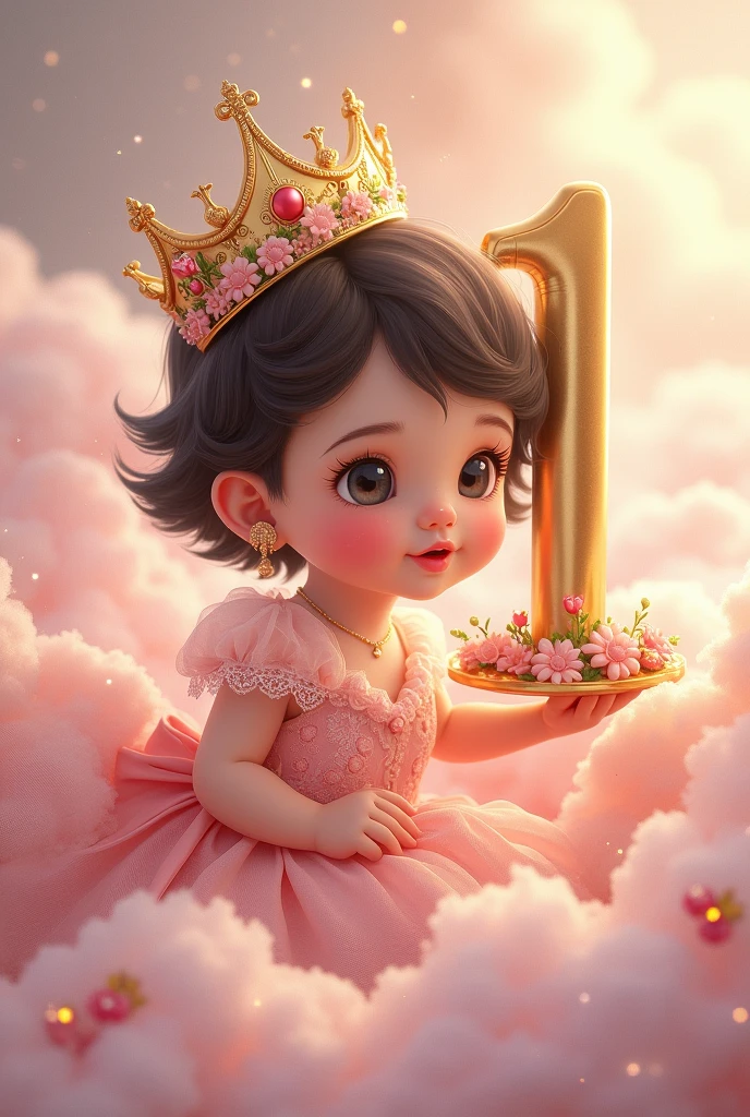 image of baby princess Aurora, for his first year with short black hair, White skin, pink dress, clouds, crown and the thick number 1 and happy birthday and the name Aurora in Spanish
