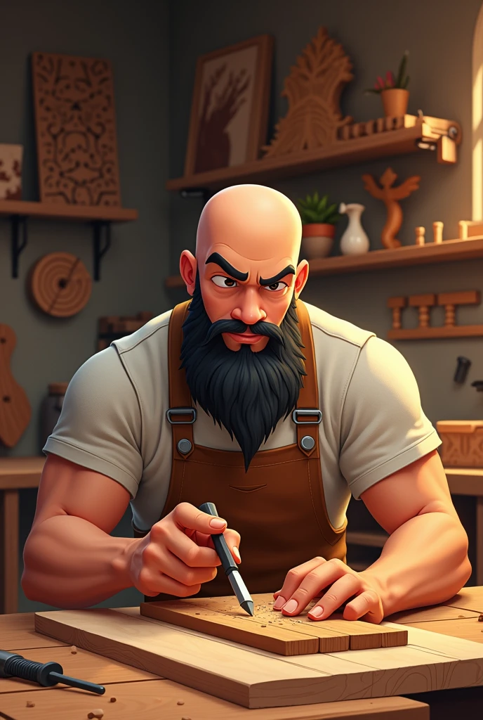 Handsome animated bald man with black beard making crafts with wood