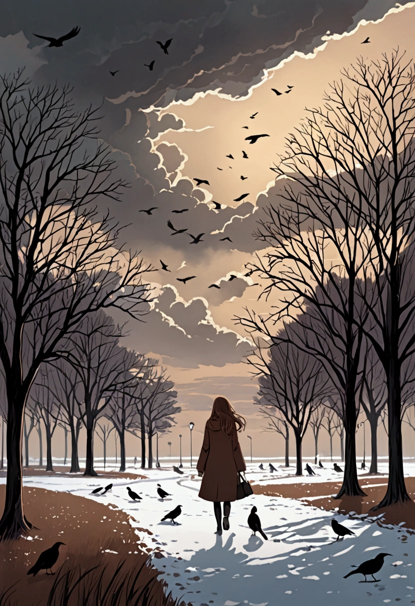 Girl with long brown hair, walking in the park near the side, Trees, Thu, morning, Tuuli, birds, music, Grieving, closed time, dark clouds, chilly
