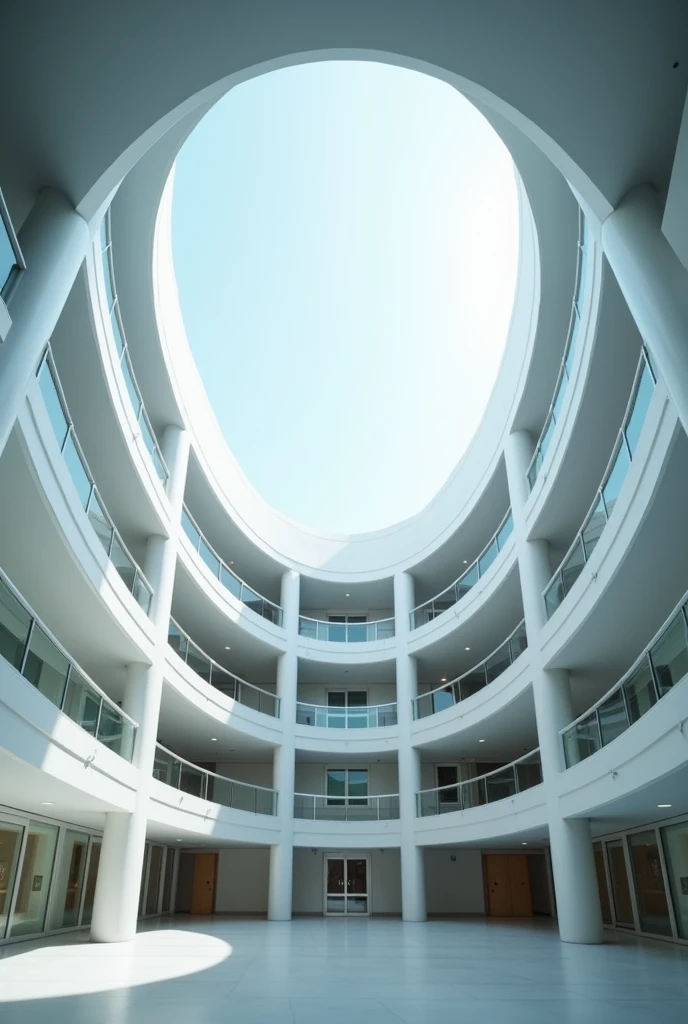 Circular polycarbonate skylight in a quadruple-height square-shaped building in a hospital where all floors have straight edges



