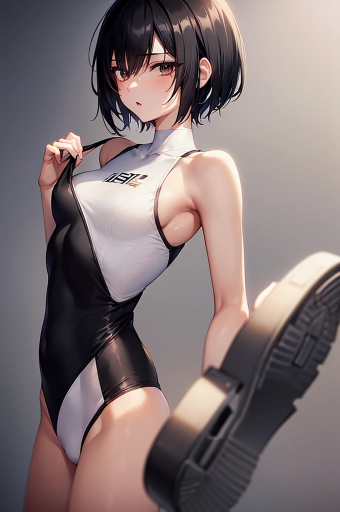 masterpiece, best quality,anime style, 1 girl,(((slender body))), (((small eyes))),(((athlete suit))),(((scream))), (beautiful face), (((bob cut,headband))), (((straight hair))), ((((black hair)))),detailed beautiful skin, (perfect hands, perfect anatomy)