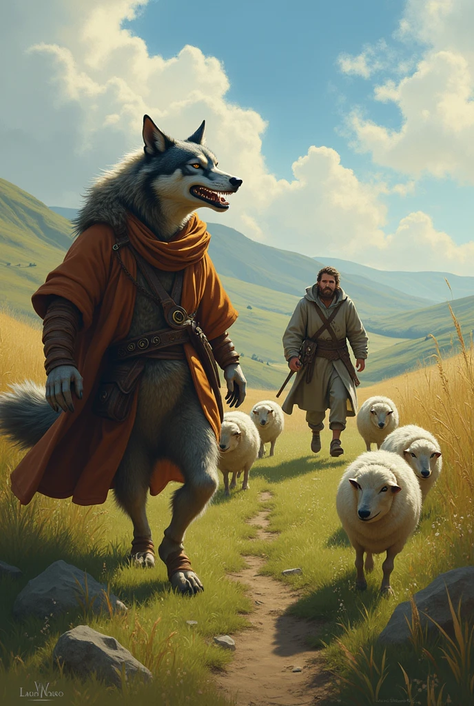 Now the wolf dressed as a shepherd imagines in his mind tasting the sheep. But then the shepherd and his dog come out because they notice the presence of the wolf who was dressed as a shepherd.. And then the dogs make the wolf run, making the wolf throw away the dress and the wolf runs away.