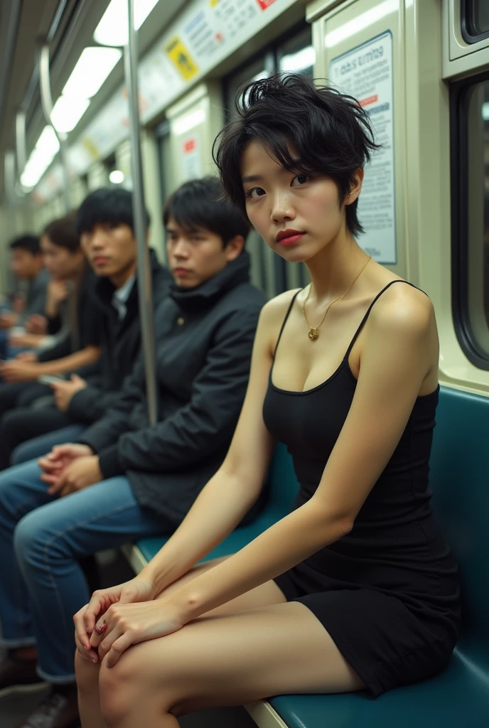 Actual photo、Highest image quality、Beautiful woman、Beautiful thighs、Beautiful Face、spiky punk hairdo、Japanese woman、short dress、inside a crowded subway、Sit in your seat、Front seat.