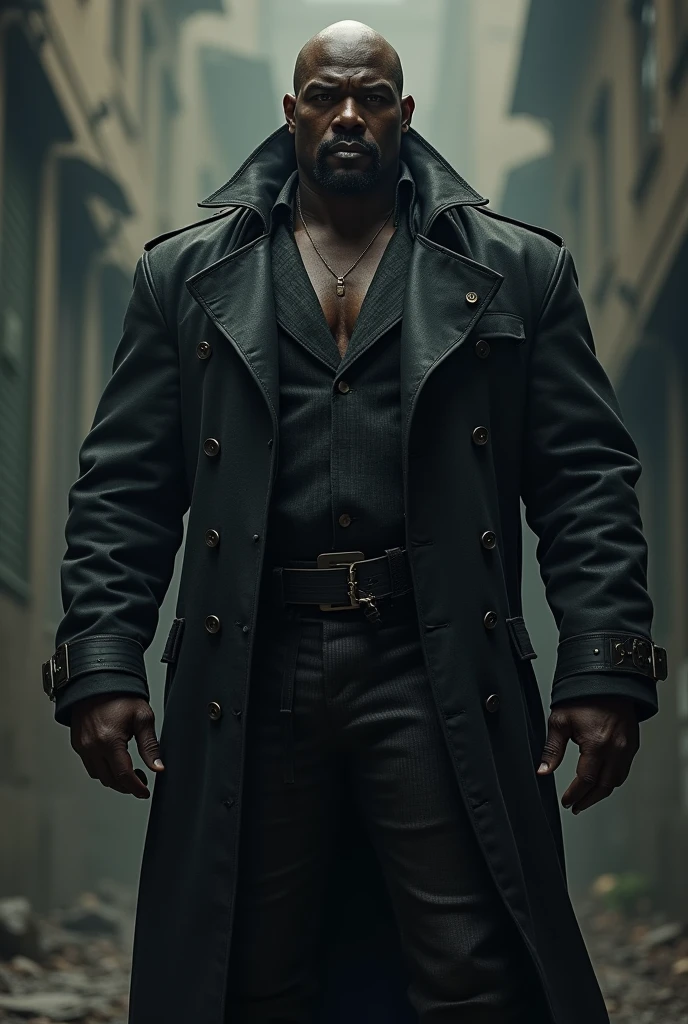 burly black man bald trench coat strong realistic