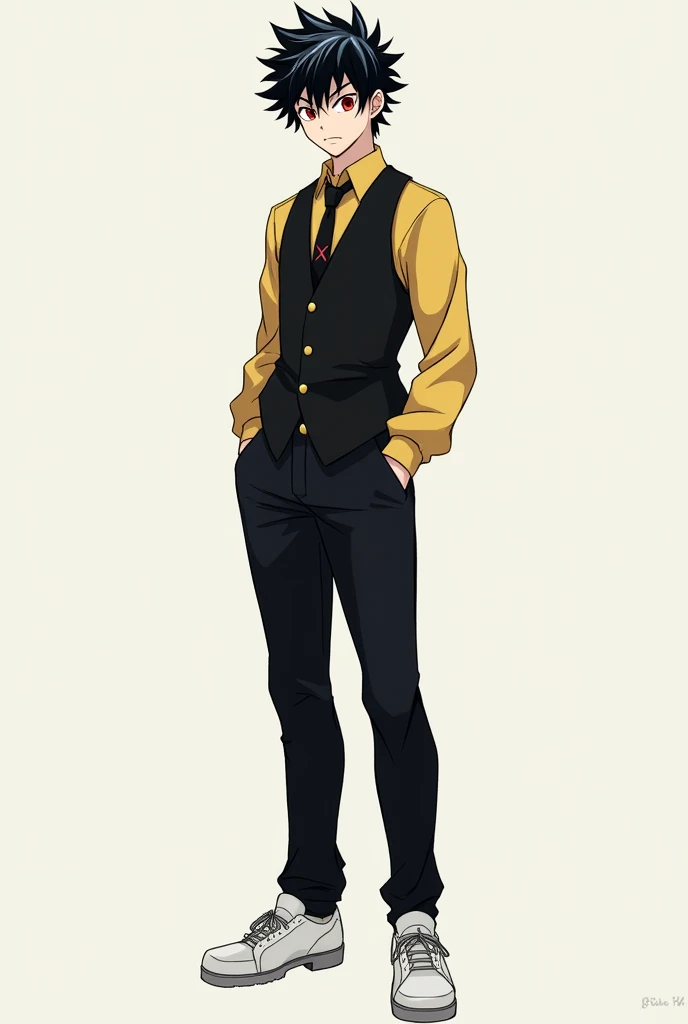 Create a pubescent Boku no hero academia style male character, tall and with a serene expression, with black sclera, red iris and black pupil, black hair with white streaks and an X-shaped scar on his cheek, with a black vest with black pants and white shoes, with a yellow shirt and a small tie