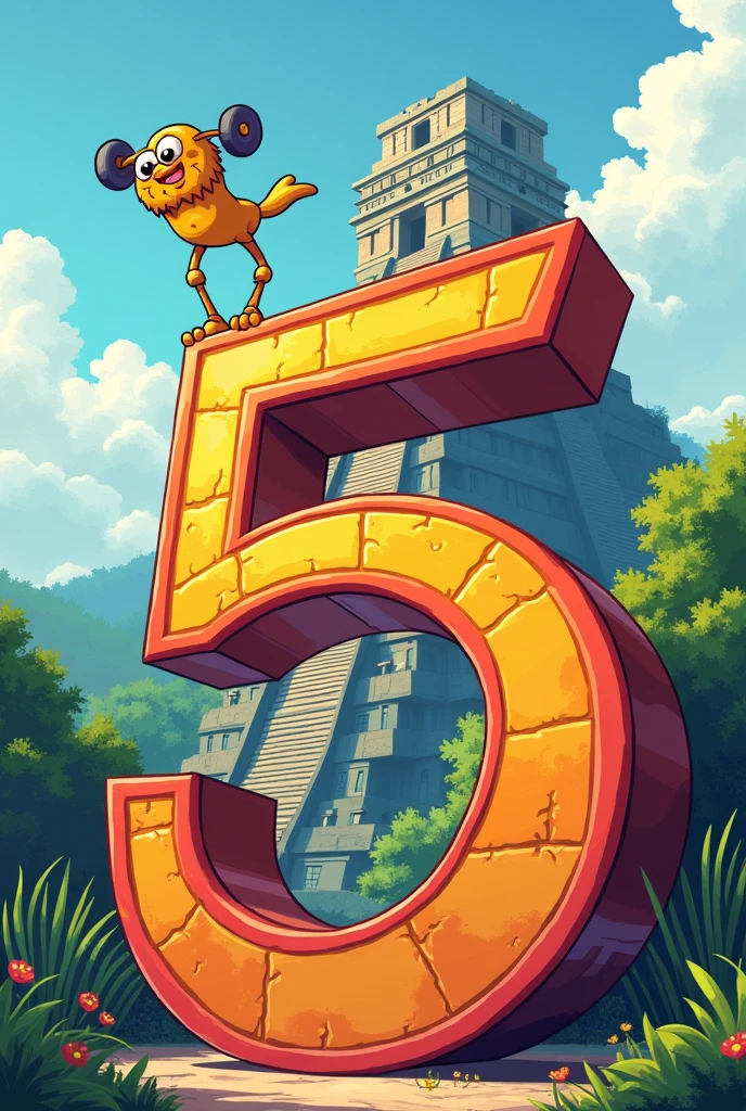 The number 5 in large and behind it the Tikal tower in Guatemala in cartoon