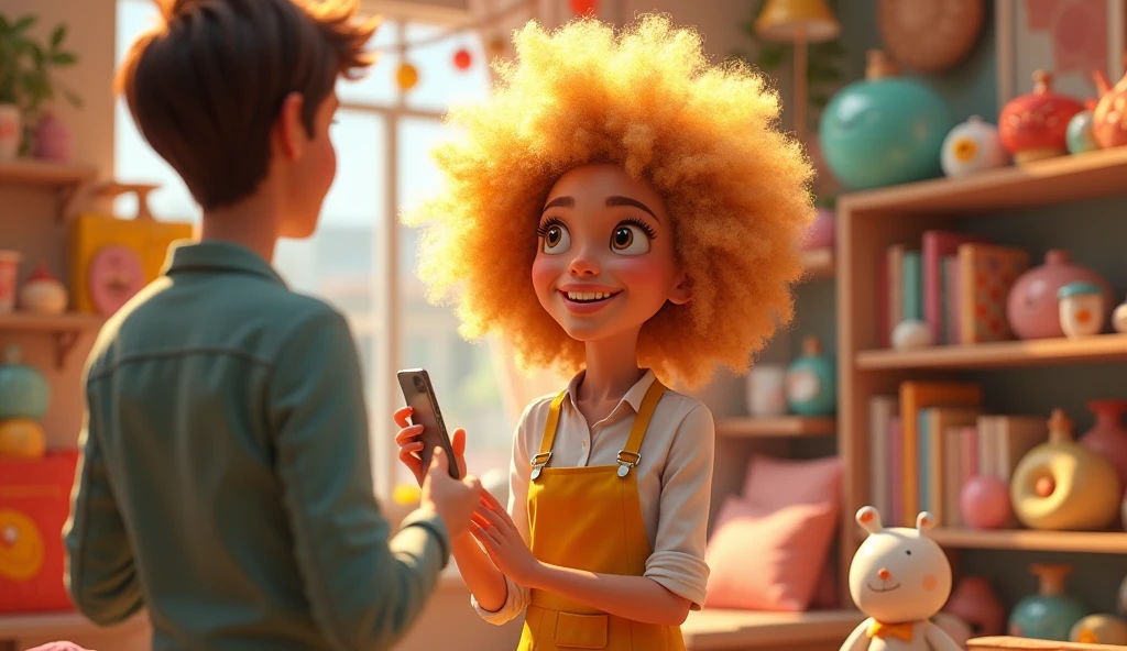 Im Stil von Pixar 3D-Animations-Filmen. 25 year old blonde nerdy look, blonde afro hairstyle, saleswoman in furniture store.


