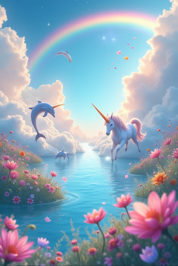 An imaginary fairytale world in the sky sea with dolphins, unicorns and lots of happiness With rainbows and more pink With more animals 