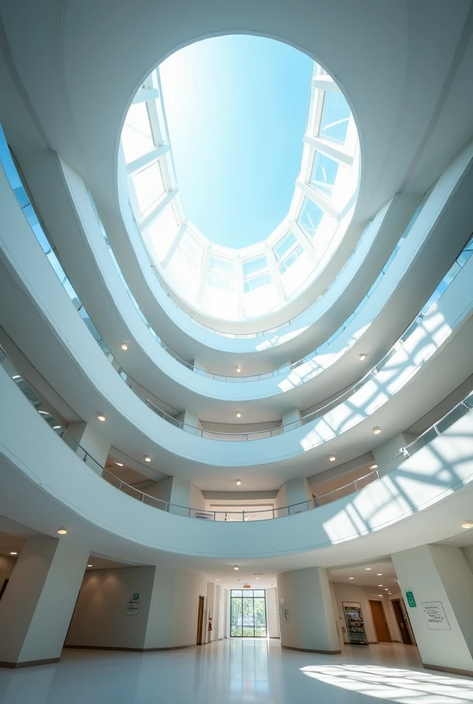 circular polycarbonate skylight in a quadruple height of square shape in a hospital where all floors are square



