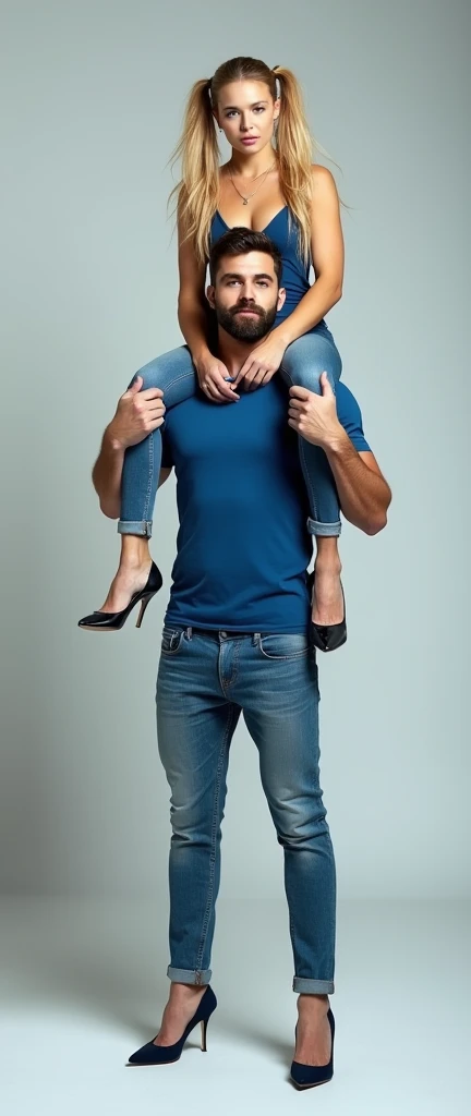 A photograph of a tall, strong woman with long, blonde hair in pig tails, wearing a fitted, casual blue dress with high heels. She is confidently holding a man on her shoulders, his legs dangling as he appears relaxed and comfortable. The man has a beard and is dressed casually in jeans and a blue shirt. The background is a plain, light-colored studio setting with soft, even lighting that highlights the subjects without any harsh shadows.