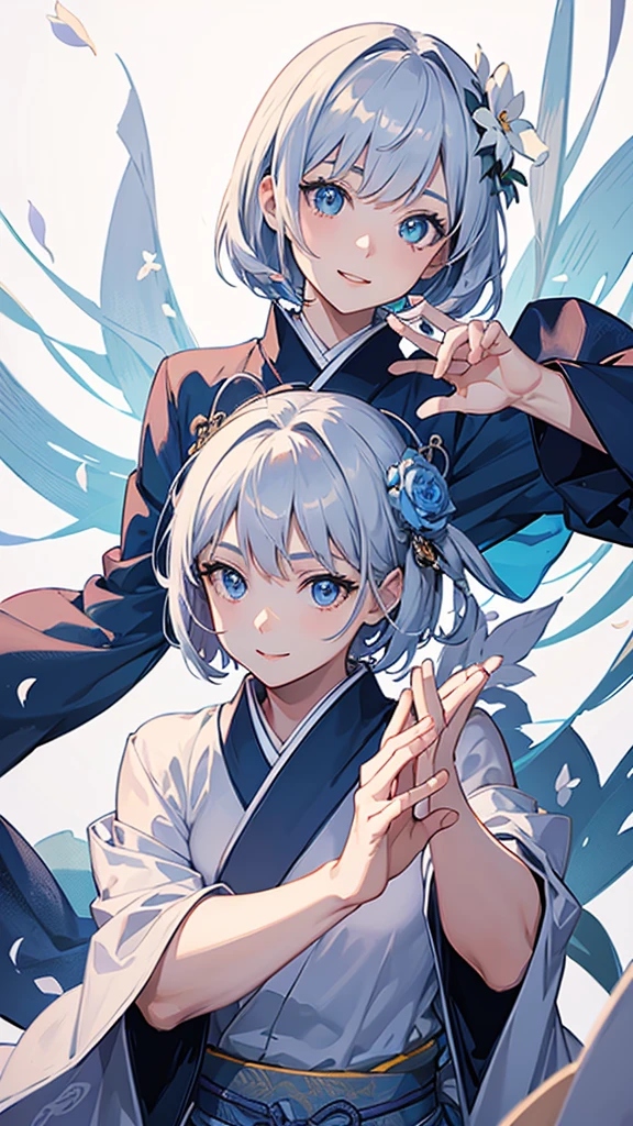 Anime character, half body only, upper body only, half body portrait, posing like a model, good looking, beautiful, full of details, aesthetic, hd, masterpiece art, amazing work. Solo, young lady, short hair, flower accessories, bluish gray colored hair, Lady, blue eyes, smile, elegant look, elegant carrying, white Japanese kimono, blue decoration, Lily flower theme, eyes facing camera, hands outstretched forward, hands asking for a hand , simple background.