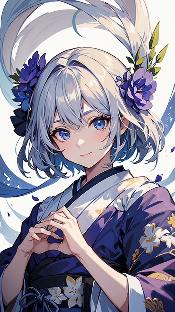 Anime character, half body only, upper body only, half body portrait, posing like a model, good looking, beautiful, full of details, aesthetic, hd, masterpiece art, amazing work. Solo, young lady, short hair, flower accessories, bluish gray colored hair, Lady, blue eyes, smile, elegant look, elegant carrying, white Japanese kimono, blue decoration, Lily flower theme, eyes facing camera, hands outstretched forward, hands asking for a hand , simple background.