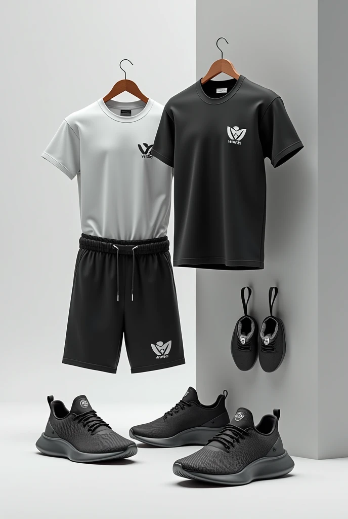 create an image of export clothing with the vixel sports logo written on it, just clothes shorts t-shirt sneakers etc.