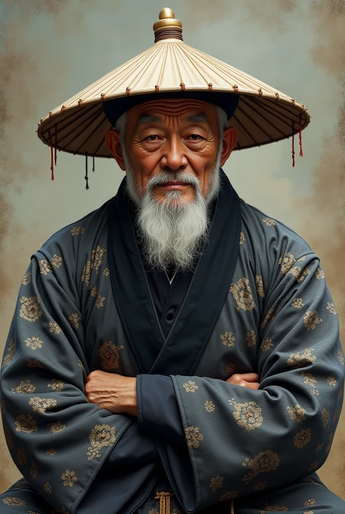 Chineese kungfu grandpa is calming down, he weared chineese hat but uzbek national black white cotton pattern clothes