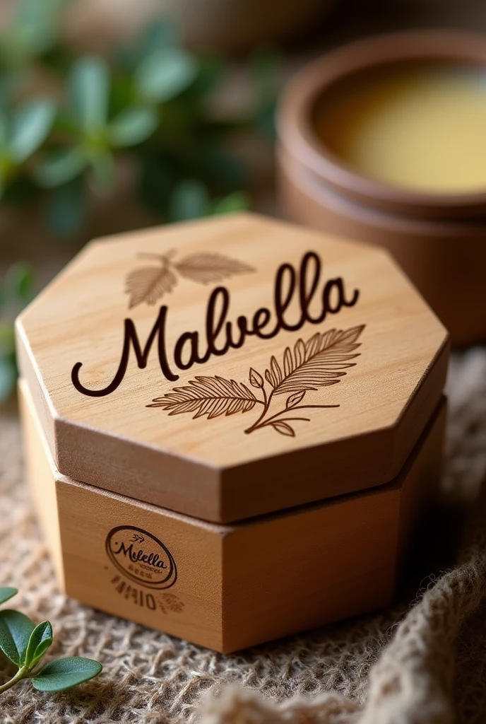 I want you to make a brand with the name Malvella in cursive letters and have it carved in wood and have the brand be on the lid of an ointment.. The lid of the ointment will be made of wood and the entire container of wood . The ointment container will be hexagonal in shape and I want the lid to have the leaves of the medicinal plant Malva. I want it to have drawings of the malva leaves. 