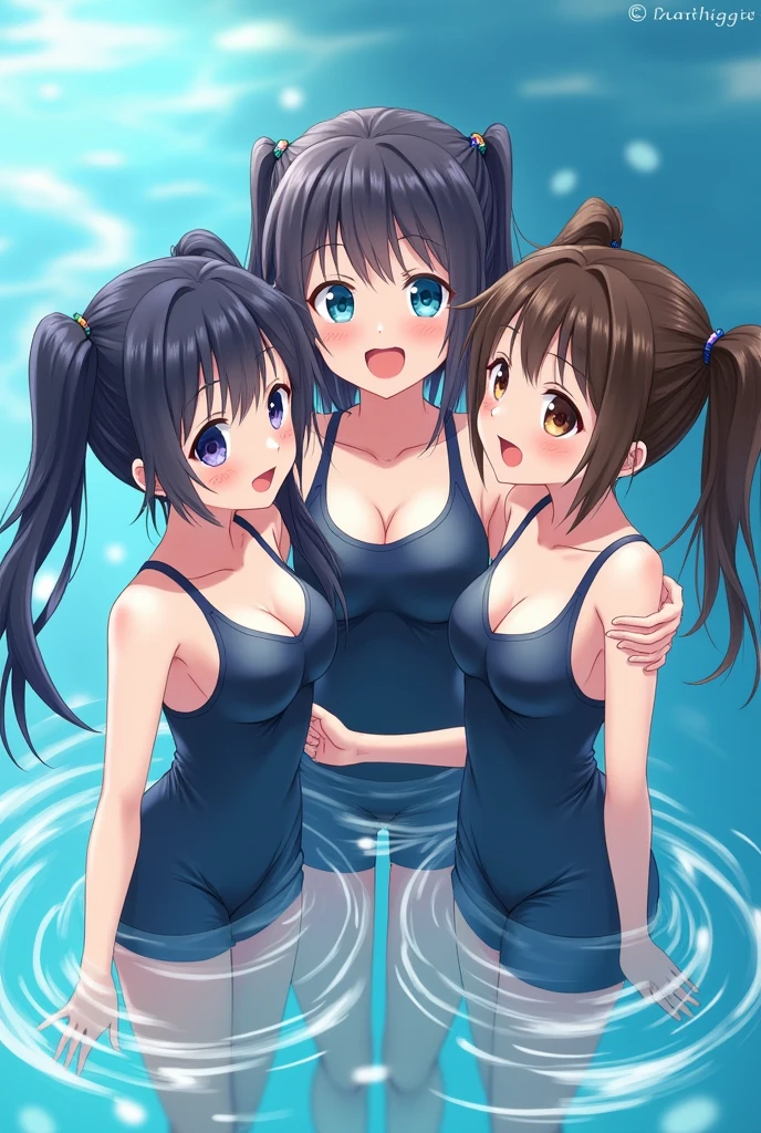 Highest quality、High resolution、Detailed Background、Beautiful face in every detail、Detailed facial expressions、Detailed eyes、age beauty、ponytail、Bobcut、Twin tails、A wet and shiny navy blue school swimsuit、Huge breasts、Perfect body line、Realistic、
(Three beautiful girls in school swimsuits having fun in the school pool:1.5)、
A big smile、Laughing with your mouth open、My whole body is wet、My hair is wet too、A fun atmosphere、Embrace each other、cute仕草、Accentuate your breasts、cute