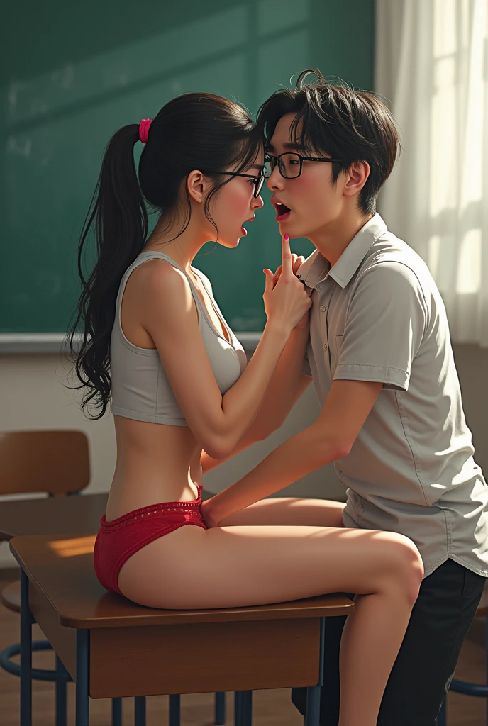 A 60-year-old man and a woman interact (homosexual)In the classroom after school  (A young female teacher wearing glasses, with an Asian face mixed with Korean and Thai, sat with her legs spread on the table. She used her finger to poke under her skirt through her red panties and used her finger to poke around like that. Her face showed her expression, her mouth was open and she shouted.)
(Uncle Eab, a 60-year-old man, came in from behind the young teacher. Without warning, he took off his pink underwear at her feet.)Grab the young teacher and turn her back, turn her face towards the table, take off her clothes, get close to her and kiss her on the mouth. Spread her legs, hug and kiss her, take off her underwear, put your hand through her red underwear, take off her clothes, take off her mouth and kiss her.
