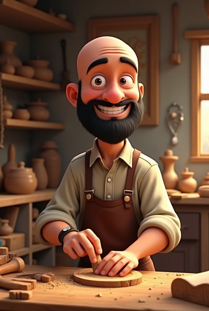 handsome animated bald man, Cheerful man with a black beard who makes crafts with wood