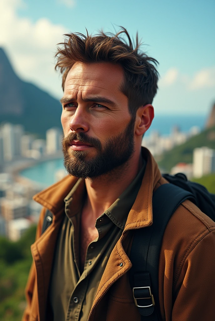 27 year old white male, with short beard in brown jacket with Rio de Janeiro in the background