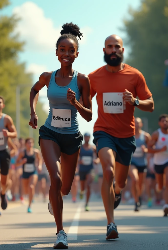 Black woman running marathon with Edileuza sign. short white man with dark beard bald with Adriano sign .